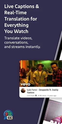 Global Captions app showing live translation